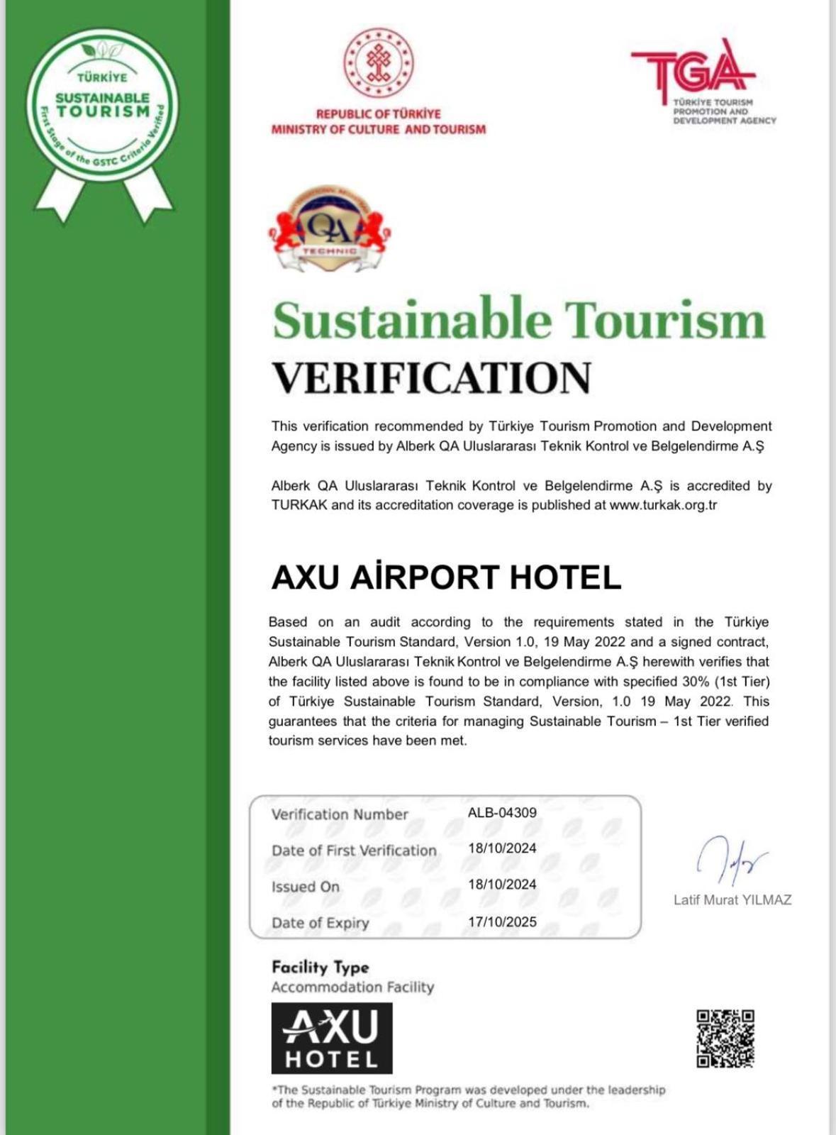 Axu Airport Hotel Arnavutkoy Eksteriør bilde A certificate of the TURQA
